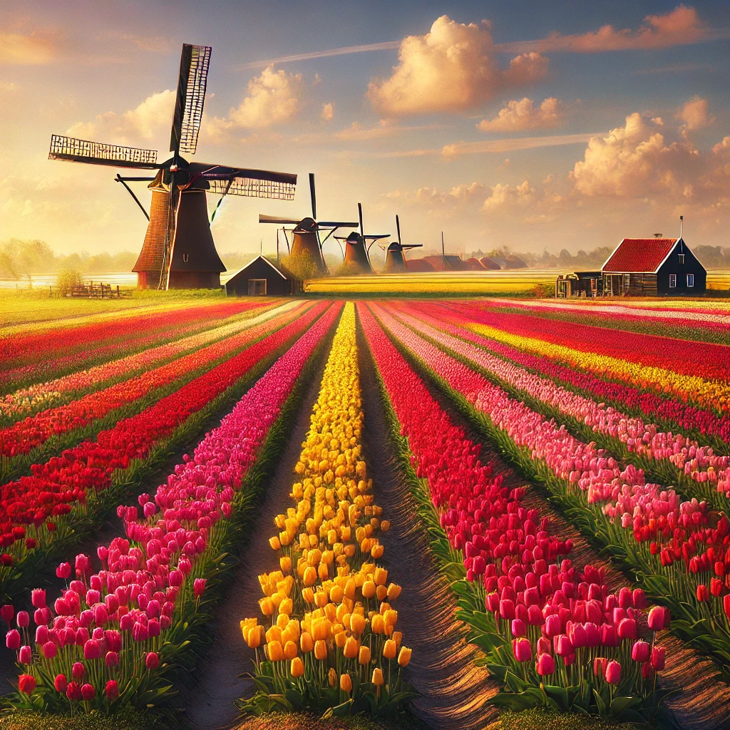 A picturesque Dutch landscape featuring vibrant tulip fields in full bloom, with rows of red, yellow, and pink tulips stretching into the distance